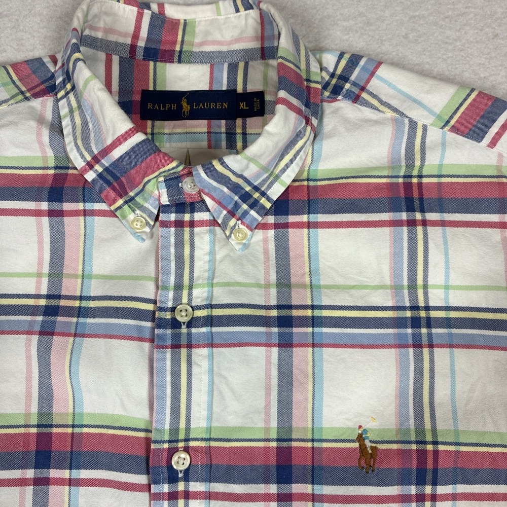 Polo Ralph Lauren Short Sleeve Button Down Mens XL Plaid Classic Fit Flesh Pony